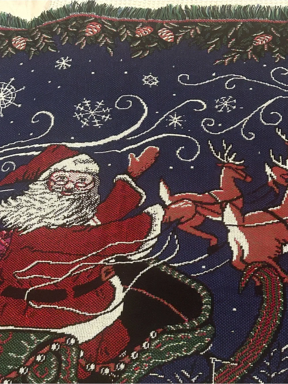 Tapestry Santa Sleigh Holiday Throw Blanket - Navy and Red